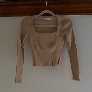 Zara Ribbed Square-Neck Long Sleeve Top in Beige